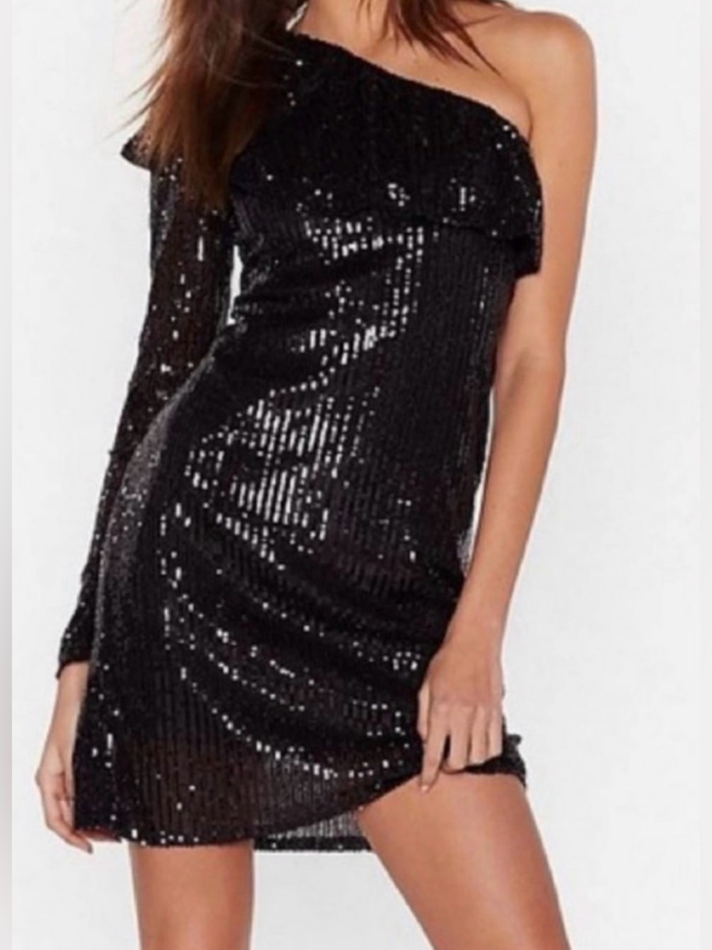 NWT Nasty Gal One Shoulder Black Sequin Party Dress - Medium